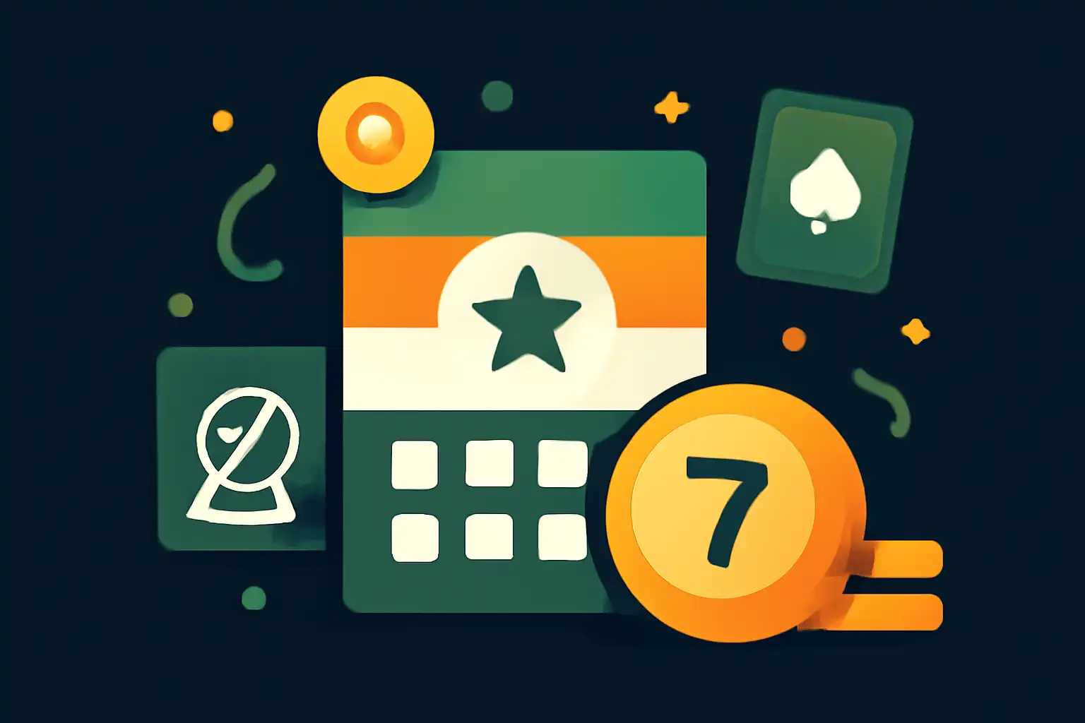 Hero illustration: Tiranga Lottery, modern flat design, dark background, brand-neutral, icons and shapes only, no text