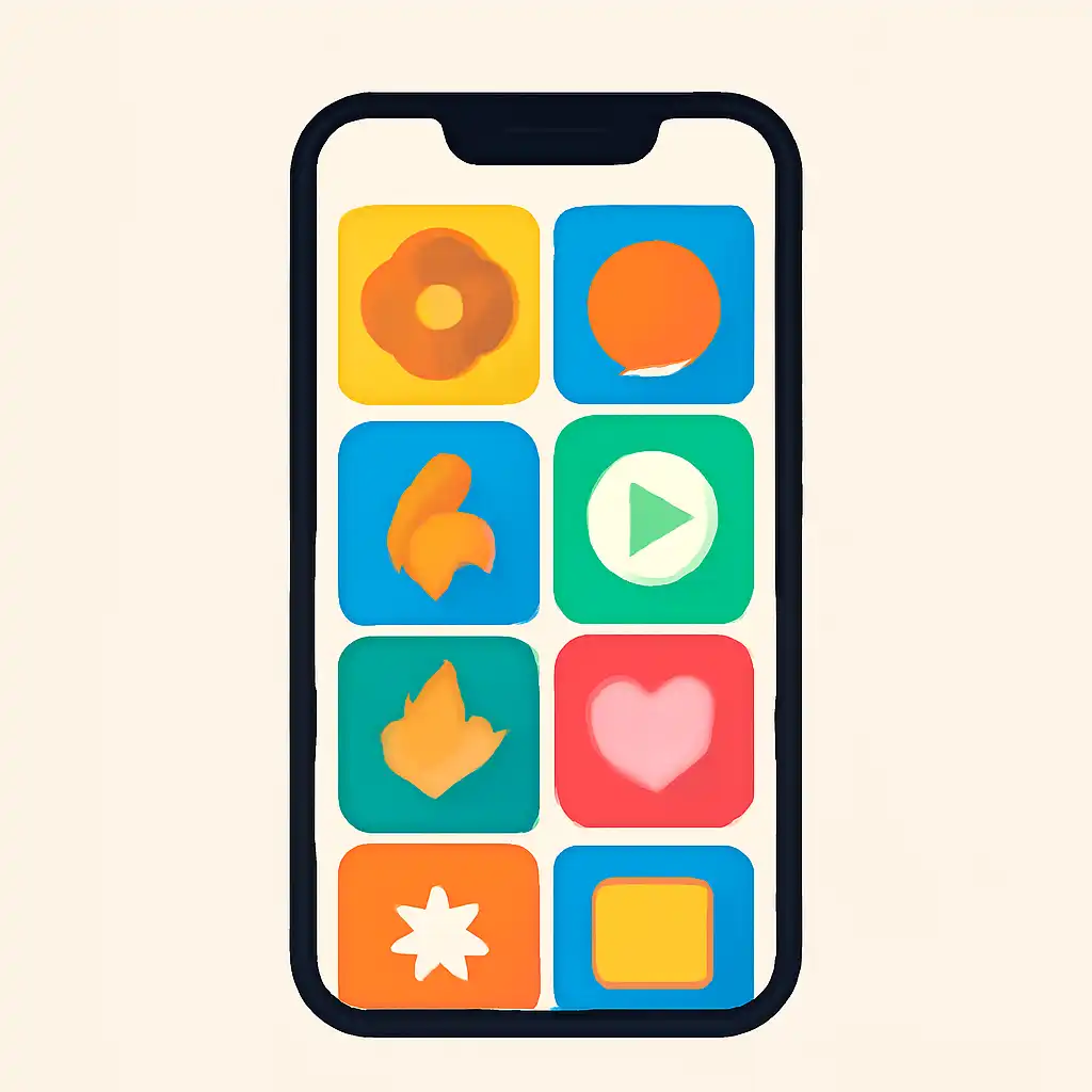 Smartphone shown from the front displaying a colourful flat layout of abstract game icons and rounded tiles (no text, no letters, no labels), Tiranga Lottery