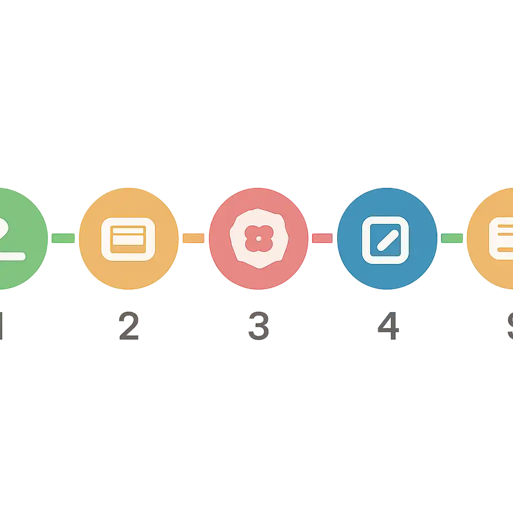 Five numbered circular icons connected by arrows in a horizontal flow, flat illustration, icons only, no words, Tiranga Lottery steps
