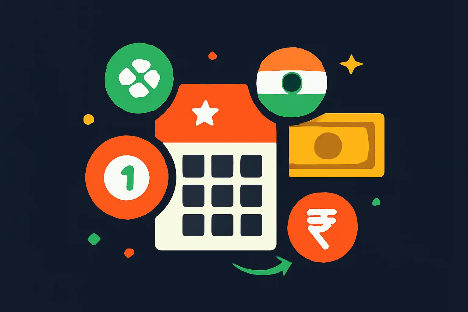 Hero illustration: Tiranga Lottery, modern flat design, dark background, brand-neutral, icons and shapes only, no text