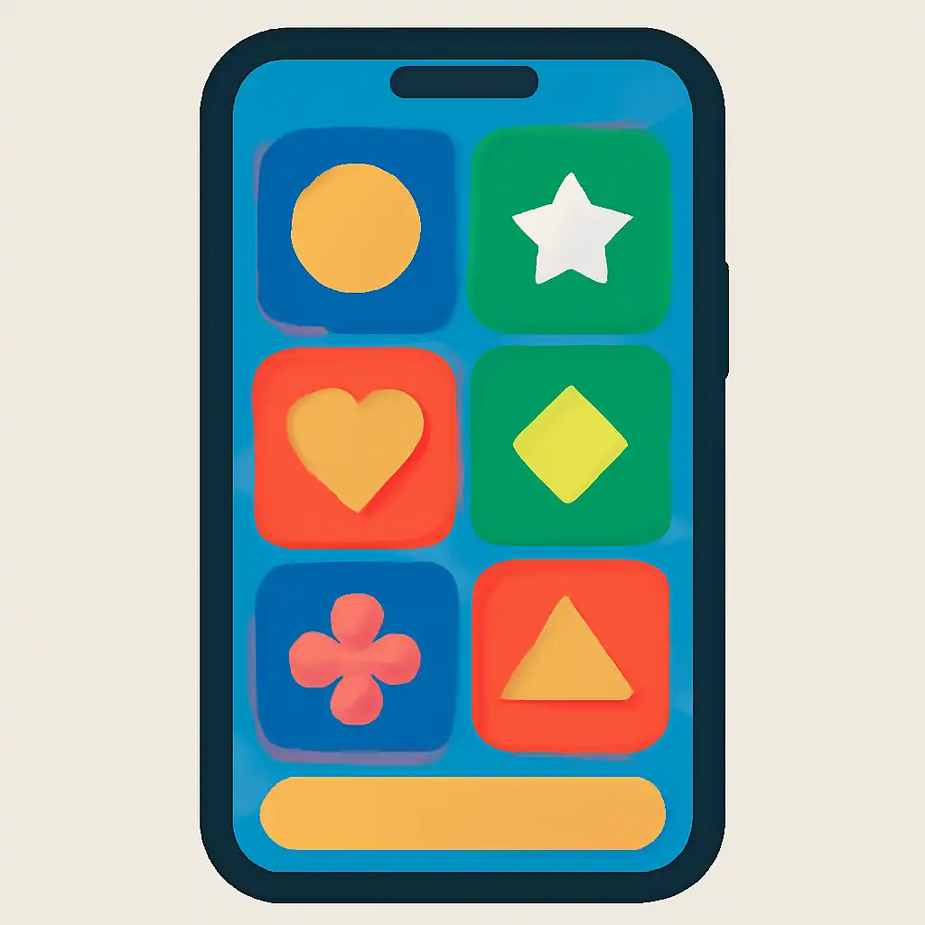 Smartphone shown from the front displaying a colourful flat layout of abstract game icons and rounded tiles (no text, no letters, no labels), Tiranga Lottery