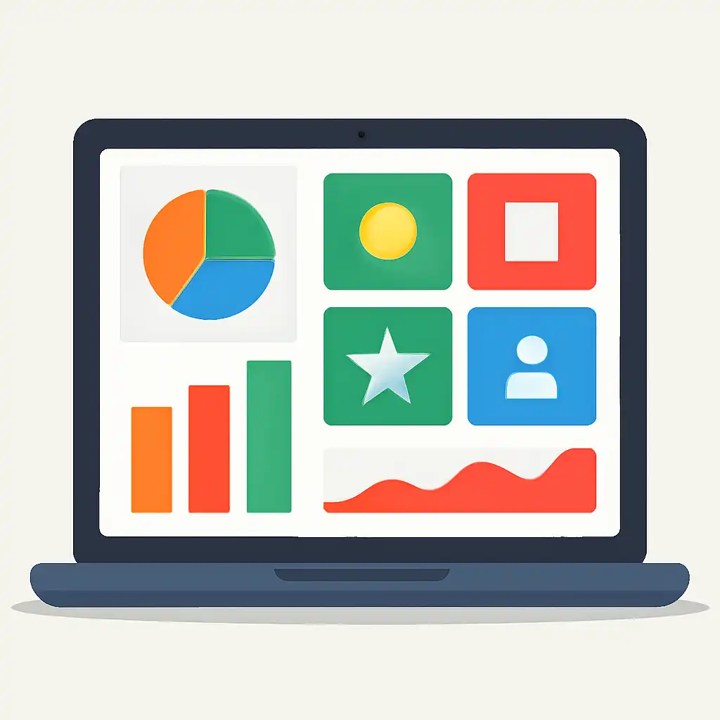Laptop shown from the front displaying a colourful flat dashboard of abstract charts, bars and icon tiles (no text, no letters, no labels), Tiranga Lottery