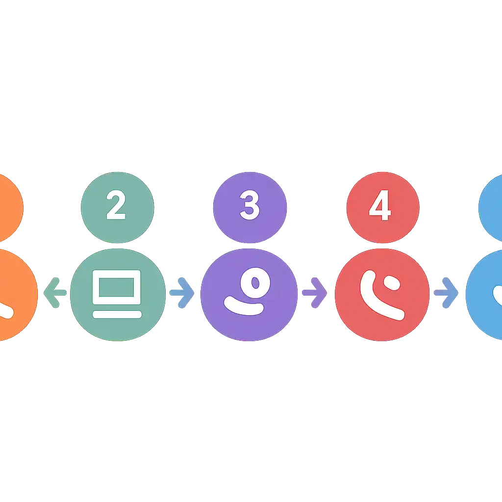 Five numbered circular icons connected by arrows in a horizontal flow, flat illustration, icons only, no words, Tiranga Lottery steps