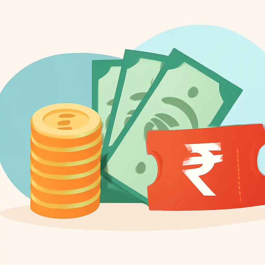 Coins stack and rupee notes: Tiranga Lottery earnings illustration